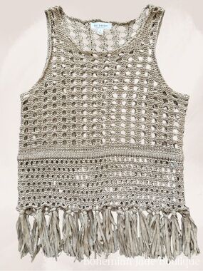 Blu Pepper Crochet Fringe Tank Top Women’s Small Beige Boho Open Knit